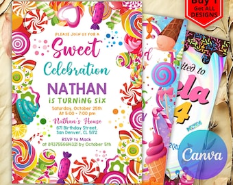 Editable Sweet Celebration Birthday Invitation, Candy Land Invitation, Candyland, Candy Birthday Party Invitation, Printable Canva Template
