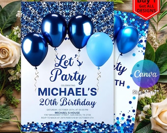 Editable Royal Blue Birthday Invitation for Men, Printable Blue Birthday Party Invitation, Royal Blue Classy Balloons Invitation, Royal Blue