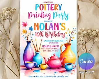 Pottery Painting Birthday Invitation, Art Party Invitation, Paint Craft Invite, Painting Party Invite, Poterry Paint Editable Canva Template