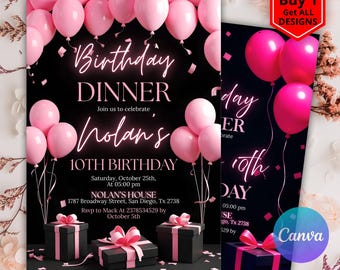 Pink Birthday Dinner Digital Invite, Birthday Dinner Invite, Digital Birthday Dinner, Dinner Party Invite, Instant Download, Pink Balloon