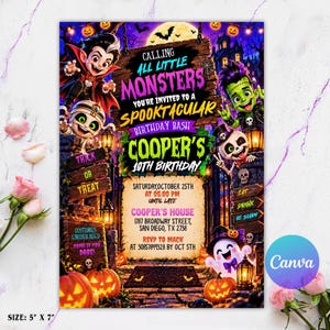 Op de afbeelding: Een Halloween-verjaardagsuitnodiging van 12,7 cm bij 17,8 cm. Het ontwerp bevat cartoonmonsters, pompoenen en een achtergrond van een spookhuis met de tekst Calling All Little Monsters Cooper's 10th Birthday.