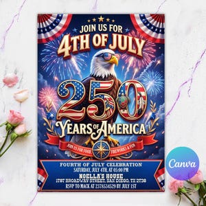 Puede incluir: Una invitación patriótica del 4 de julio con un águila calva con gafas de sol, fuegos artificiales y el texto "250 Years of America". El diseño presenta colores rojo, blanco y azul, estrellas y una pancarta que dice "Join us for food, fireworks & fun."
