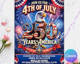 250th America Anniversary Invitation Template, 4th of July Party Invite, Independence Day Invitation, Editable Canva, Digital Download