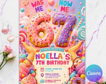 Pink Six Seven Party Invitation Template, Ice Cream Kids Birthday Evite, I Was 6 Now 7 Meme Theme, Summer Vacation CANVA