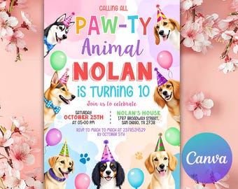 Editable Dog Birthday Invitation template, Puppy Birthday Invitation, Dog Invitation, Puppy Invitation, Animals Invitation, Dog Pet Invite
