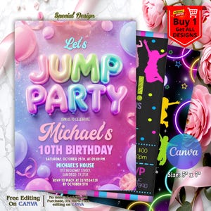 May include: A colorful birthday party invitation with the text "Let's Jump Party" in balloon-style letters. The invitation includes event details, such as the name "Michael's", date, time, and location. Additional designs are shown, along with a special offer.