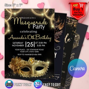 Black Gold Masquerade Invite, Halloween Party Gothic Masquerade Invite, Black and Gold Masquerade Invitation, Masquerade Ball Invitation