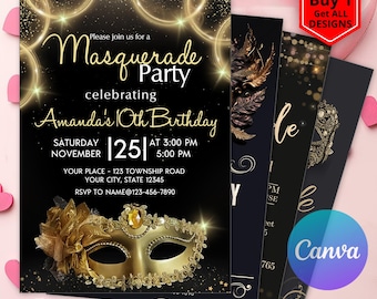 Black Gold Masquerade Invite, Halloween Party Gothic Masquerade Invite, Black and Gold Masquerade Invitation, Masquerade Ball Invitation