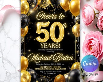 Convite para festa de 50 anos, convite para jantar de aniversário, convite de aniversário para adulto, convite de aniversário com glitter dourado para imprimir, modelo editável do Canva