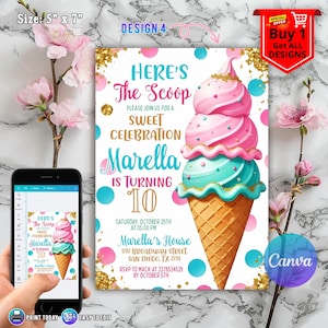 Ice Cream Birthday Invitation for Girl Birthday Invite, Ice Cream Party Invitation, Here's the Scoop Pink Purple Mint, Ice Cream Canva