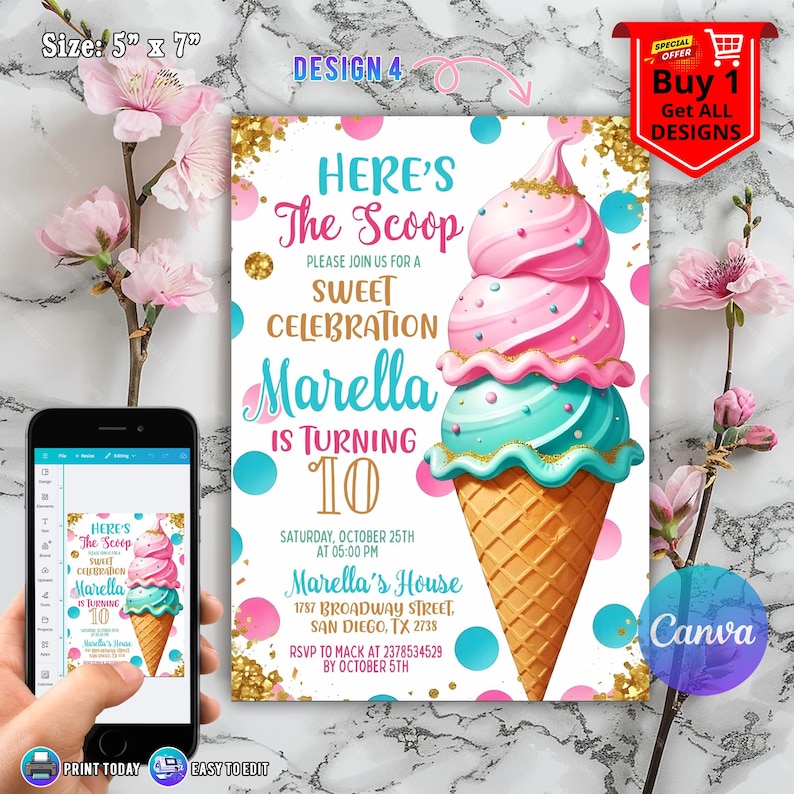 Ice Cream Birthday Invitation for Girl Birthday Invite, Ice Cream Party Invitation, Here's the Scoop Pink Purple Mint, Ice Cream Canva