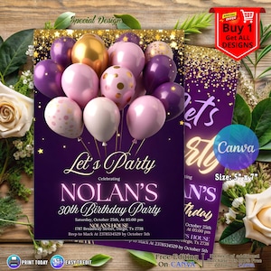 Editable Purple and Gold Birthday Invitation, Let&#39;s Party Purple Balloons Invite, Birthday Party Invitation, Purple Glitter Bday Invitation