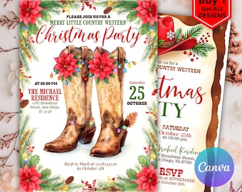 Puede incluir: Una tarjeta de invitación de 12,7 cm por 17,8 cm con un par de botas vaqueras de cuero beige decoradas con flores de pascua rojas y luces de colores. El texto dice Merry Little Country Western Christmas Party con los detalles.