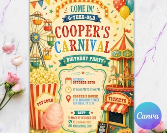 Może przedstawiać: Zaproszenie na urodziny w stylu wesołego miasteczka z diabelskim młynem, karuzelą, popcornem i watą cukrową. Tekst: COME IN! 6-YEAR-OLD COOPER'S CARNIVAL BIRTHDAY PARTY, SATURDAY OCTOBER 25TH, 05:00 PM TO 07:00 PM, COOPER'S HOUSE, 1787 BROADWAY STREET, SAN DIEGO, TX 2738, RSVP TO MACK BY OCTOBER 5TH, 23786467282, MACK@MAIL.COM, STEP RIGHT UP, ADMIT ONE.