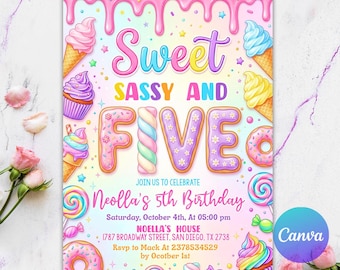 Sweet Sassy Five 5th Girl Birthday Invitation, Candy Land Party, Ice Cream Cupcake Donut Pastel Desserts Invite, Digital Canva Template