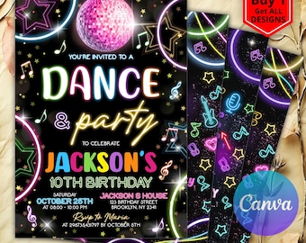 May include: A black invitation for a dance party, with neon musical notes, stars, and a disco ball. The invitation is for Jackson's 10th birthday, with the date, time, and location. The size is 5" x 7".