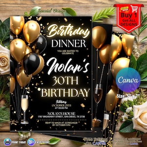 Digital Birthday Dinner Invitation Template, Gold Balloon, Black Tie Glam Invite, Animated Black Golden Diamond Evite For Men & Women, Gold