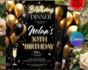 Digital Birthday Dinner Invitation Template, Gold Balloon, Black Tie Glam Invite, Animated Black Golden Diamond Evite For Men & Women, Gold