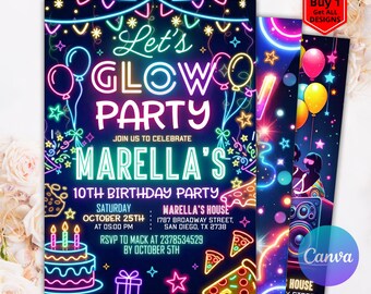 Editable Glow Party Birthday Invitation, Glow Invitation, Glow Crazy Birthday Invitation, Glow Birthday Invitation, Glow Birthday Invite