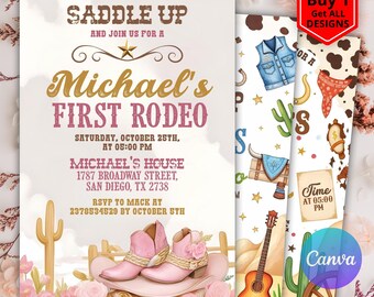 Redigerbar födelsedagsinbjudan för flickarodeo, födelsedagsinbjudan för cowboycowgirl, födelsedagsinbjudan för första rodeoflickan, rosa rodeofödelsedag