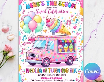 Ice Cream Truck Birthday Invitation, Here's the Scoop Girl Birthday, Ice Cream Birthday Invite, Summer Pink Cone Invitation, Editable Canva