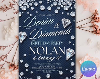 Denim and Diamonds Birthday invitation, Editable Denim Birthday Dinner Invites, Denim And Diamonds Party Invite, Canva Template