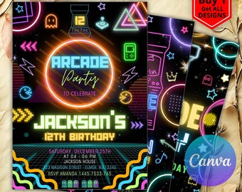Arcade Invitation, Arcade Birthday Invitation, Arcade Party, Arcade Neon Game Invite, Instant Download, Printable, Editable, Arcade Canva