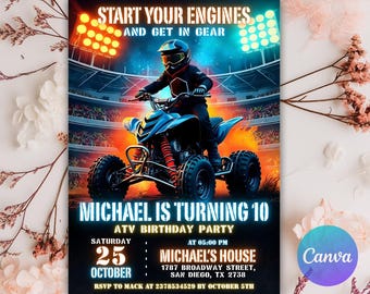 Invito di compleanno per ATV, invito per ATV a 4 ruote, invito per festa in quad, invito fuoristrada, invito per fuoristrada, modello Canva modificabile fai da te