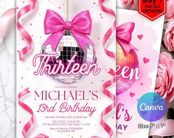 Disco Ball Coquette Birthday Invitation, Pink Bow Ribbon Theme Party, Teen Dance Invite, Instant Digital Download Editable Canva Template