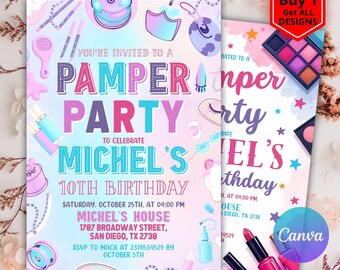 Editable Pamper Birthday Invitation, Neon Glow Pamper Spa Invitation, Pamper Spa Invitation, Glitz Glam Makeup Glow Party 5x7 Canva Template