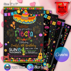 Editable Fiesta Birthday Invitation for Boy and Girl, Mexican Papel Picado Birthday Invite, Any age, Printable, Fiesta Invitation Canva