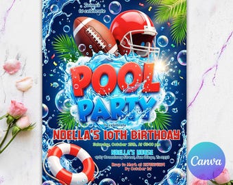 Editable Football Pool Party Invitation, Pool Birthday Invitation, Football Birthday Invitation, Boy Sports Summer Birthday, Canva