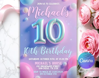 Hello Double Digits 10th Birthday Party Invitation Neon Glow Pink Party Invite Girl Printable Template Peace Out Single Digits Party Evite