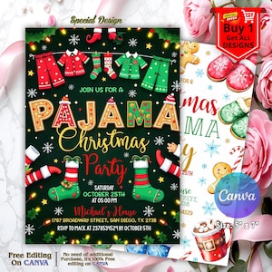 May include: A festive invitation for a Pajama Christmas Party. The design features pajama sets, socks, and snowflakes on a dark green background. The text includes the party details: date, time, and location. The invitation is 5" x 7".