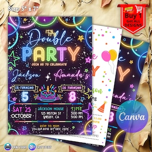 May include: A stack of birthday party invitations with a neon design. The invitations are 5" x 7" and feature the text "Double Party" and details for Jackson and Amanda's birthdays. The design includes stars, a cake, and the Canva logo.
