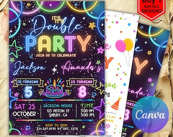 Double Birthday Invitation for Boys, Neon Joint Birthday Invitation, Siblings Invitation, Editable Double Invitation Canva