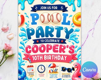Baseball Drip Pool Party Invitation, Ice Cream Drip Party Invite, Swimming Birthday, Summer Party Invite, Sports Boy Birthday Editable Canva