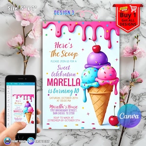 Ice Cream Birthday Invitation for Girl Birthday Invite, Ice Cream Party Invitation, Here's the Scoop Pink Purple Mint, Ice Cream Canva