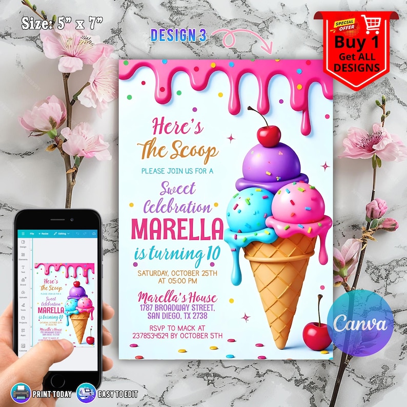 Ice Cream Birthday Invitation for Girl Birthday Invite, Ice Cream Party Invitation, Here's the Scoop Pink Purple Mint, Ice Cream Canva