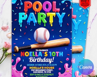 Baseball Drip Pool Party Invitation,Editable Ice Cream Drip Party Invite, Swimming Birthday,Sports Boy Birthday,Water, Girls, Boys Teen