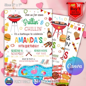 Invitación editable para fiesta en la piscina y barbacoa, invitación para fiesta de verano, invitación para fiesta en la piscina, fiesta de barbacoa al aire libre en la piscina, invitación para barbacoa