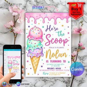 Ice Cream Birthday Invitation for Girl Birthday Invite, Ice Cream Party Invitation, Here's the Scoop Pink Purple Mint, Ice Cream Canva