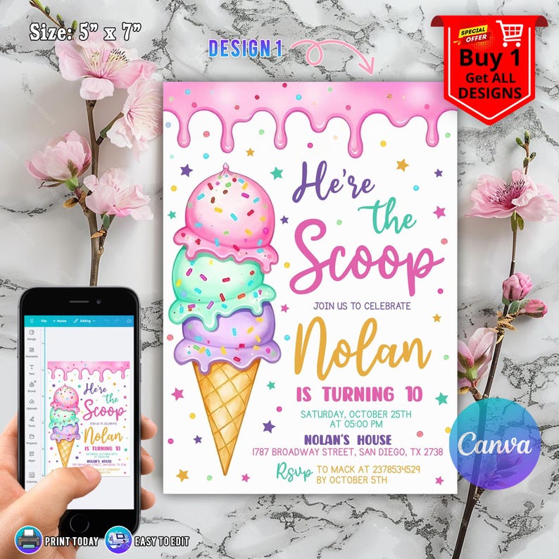 Ice Cream Birthday Invitation for Girl Birthday Invite, Ice Cream Party Invitation, Here's the Scoop Pink Purple Mint, Ice Cream Canva