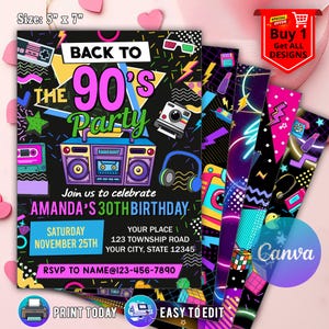 Invito modificabile per festa di compleanno anni '90, Ritorno agli anni '90, Neon Retro Rewind, Disco Dance anni '90, 30° compleanno, Anni 2000, Y2K, Festa anni '90, CANVA istantaneo