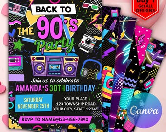 Editable 90s Birthday Party Invitation Back To The 90s Neon Retro Rewind 1990s Disco Dance 30th Birthday 2000s Y2K 90s Party Instant CANVA