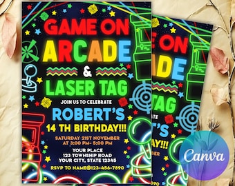arcade and laser tag birthday party invitation editable with Canva, game on laser arcade theme party invites for kids, Laser Tag And Arcade