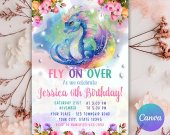 Editable Purple Dragon Birthday Invitation, 5x7 Canva Template (PDF, JPG, PNG)