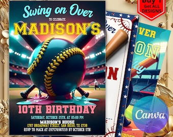 Baseball Birthday Party Invitation, Swing on Over, Rookie of the Year, Neon Sports Birthday Theme Invite, Baseball Digital Editable Baseball