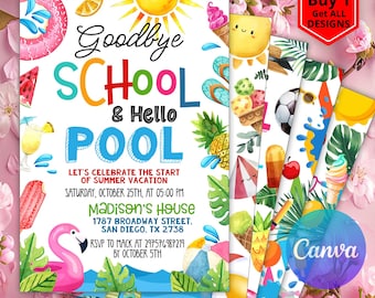 Goodbye School Hello Pool Invitation Template, Editable Pool Party Invite, Editable Summer Break Invite, Goodbye School Instant Download