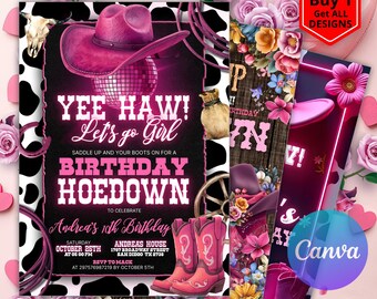 Editable Pink Cowgirl Birthday Party Invitation, Disco Rodeo Party Invite, Yee Haw Cowgirl Party Invite, Space Cowgirl Birthday Invitation